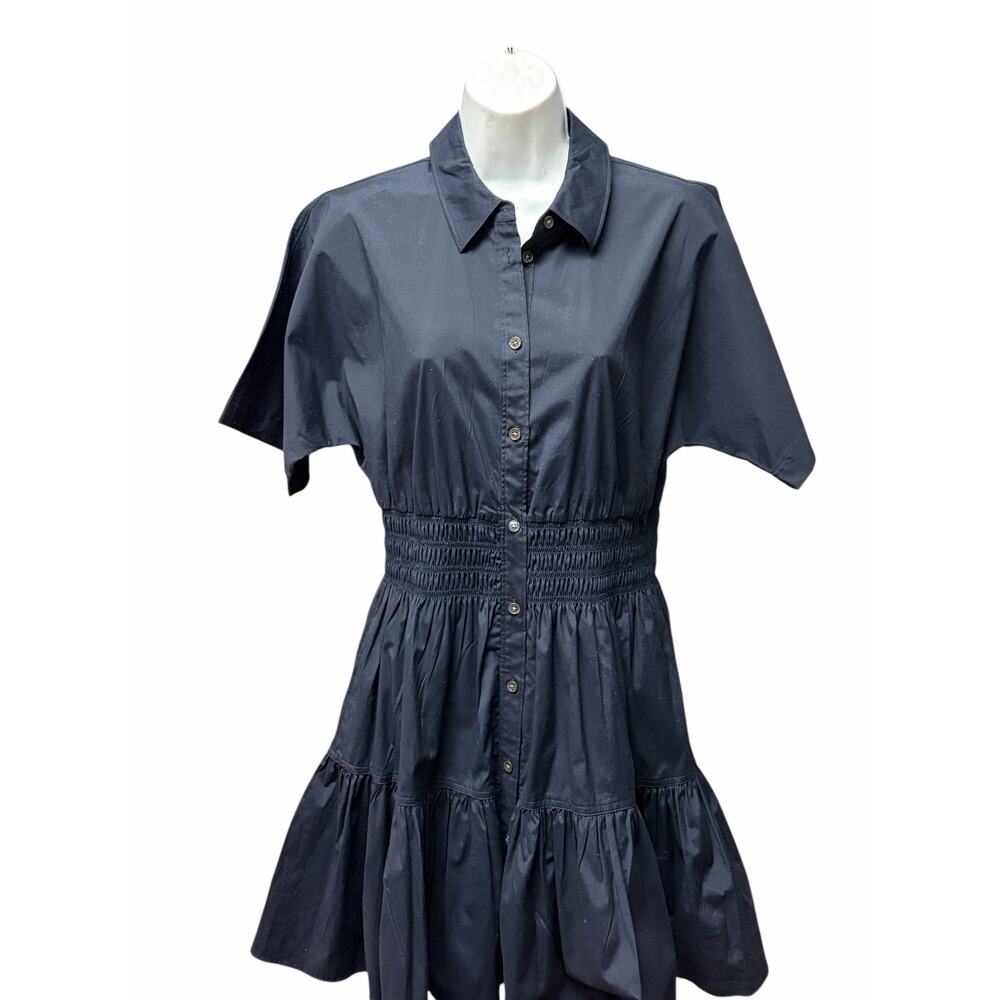 Veronica Beard Navy Shirt Dress Smocked Waist Tiered Skirt Size 6